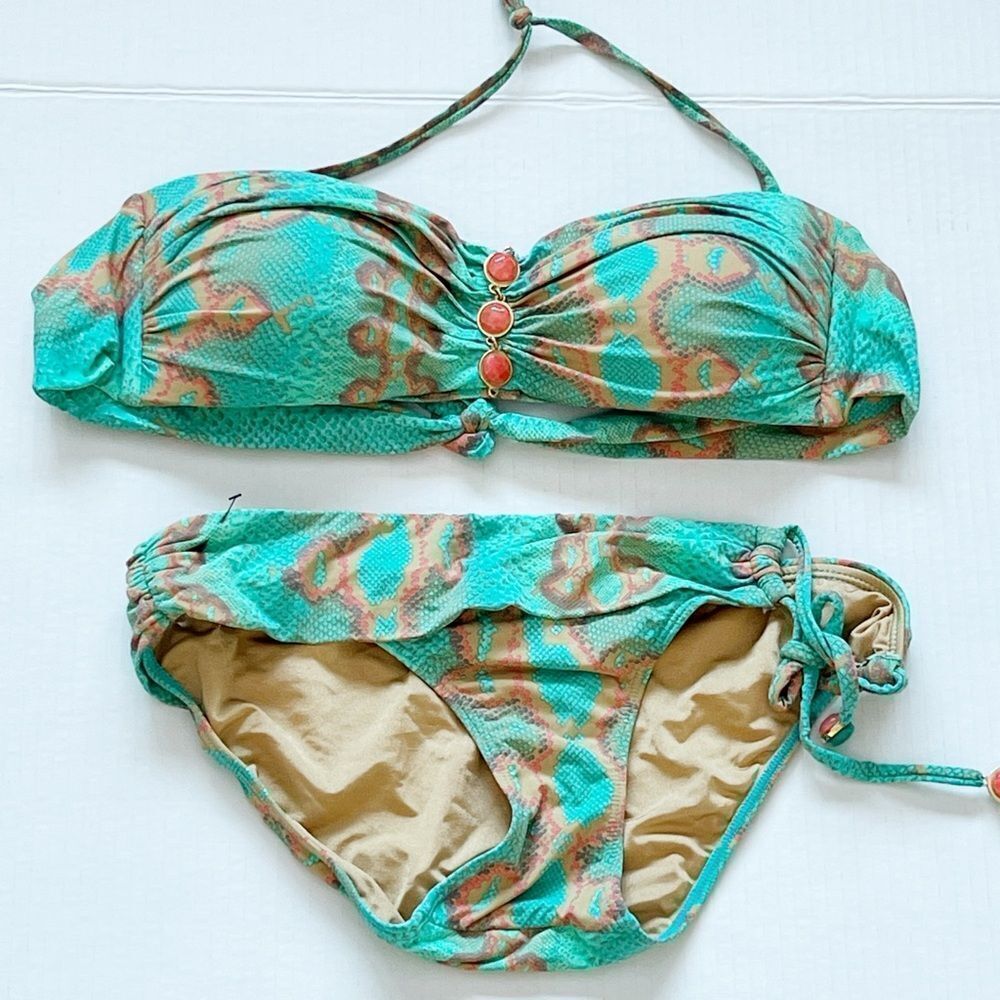 Despi Brazillian Reptilian Print Bandeau top with side tie bikini bottoms Sz S
